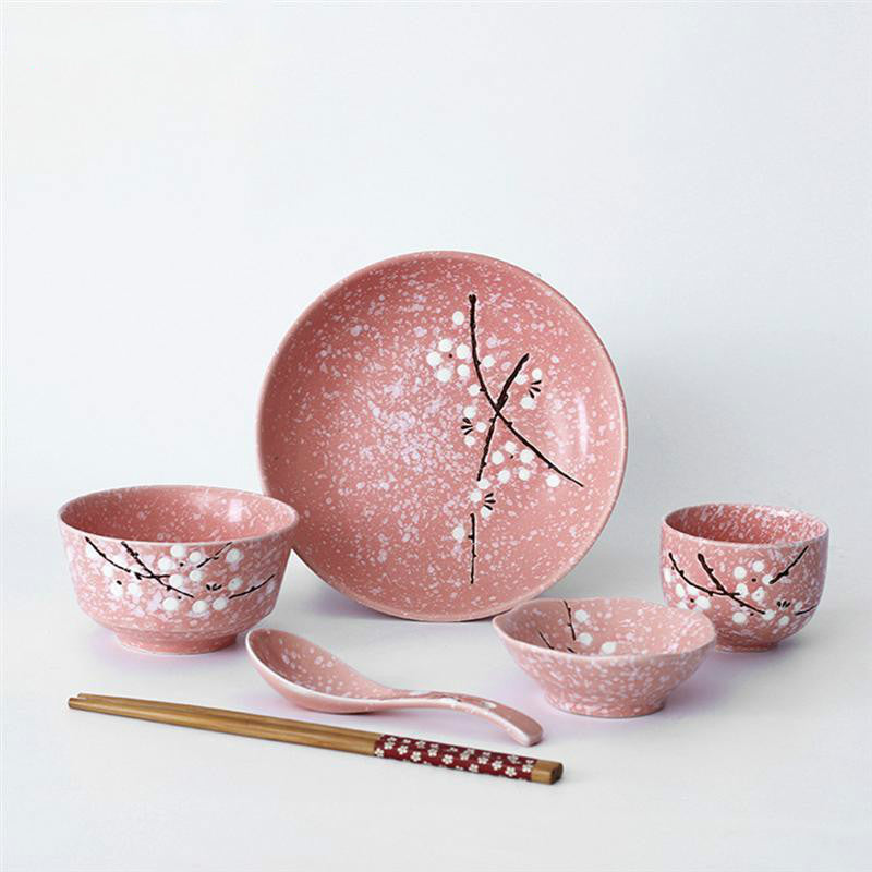 Japanese Style 6-Piece Rice Bowl Set with Chopsticks, Plates & Saucers