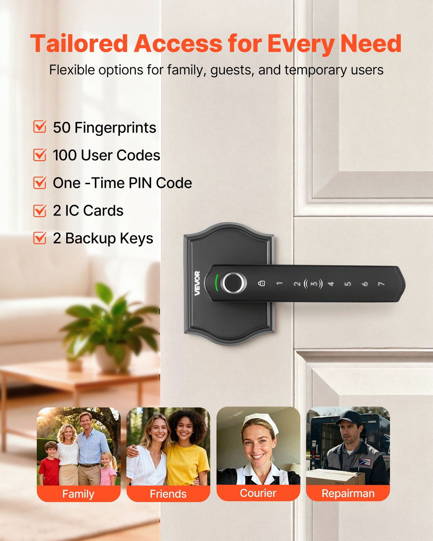 Fingerprint Keyless Door Lock Set with Handle - Auto Lock, 50 Fingerprints, Black