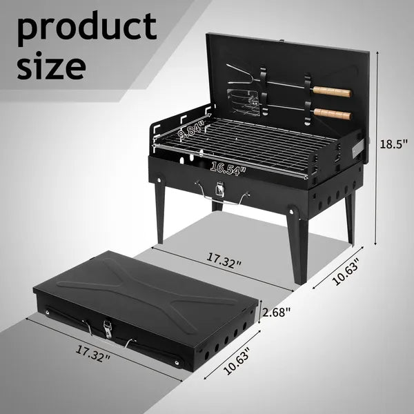 Portable Charcoal Grill - Foldable Outdoor BBQ Grill 17.32" x 10.63" - Black
