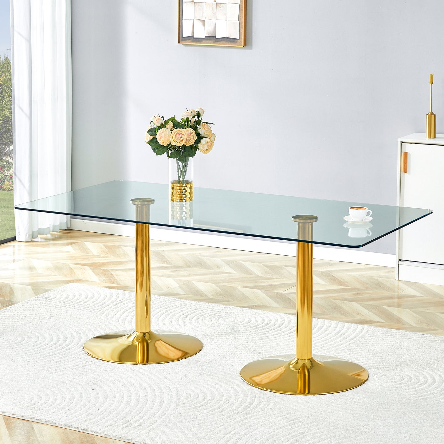 Modern Minimalist Glass Dining Table - 71x35.4 Inches, Gold Legs