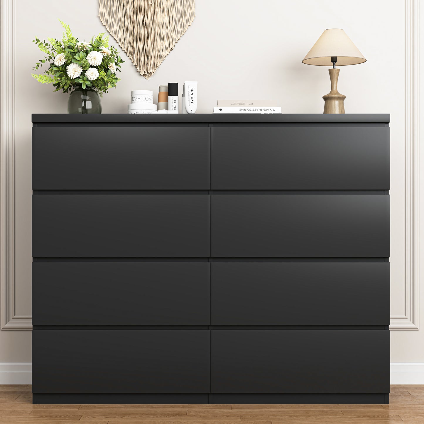 8-Drawer Black Dresser - Modern Wood Chest for Bedroom