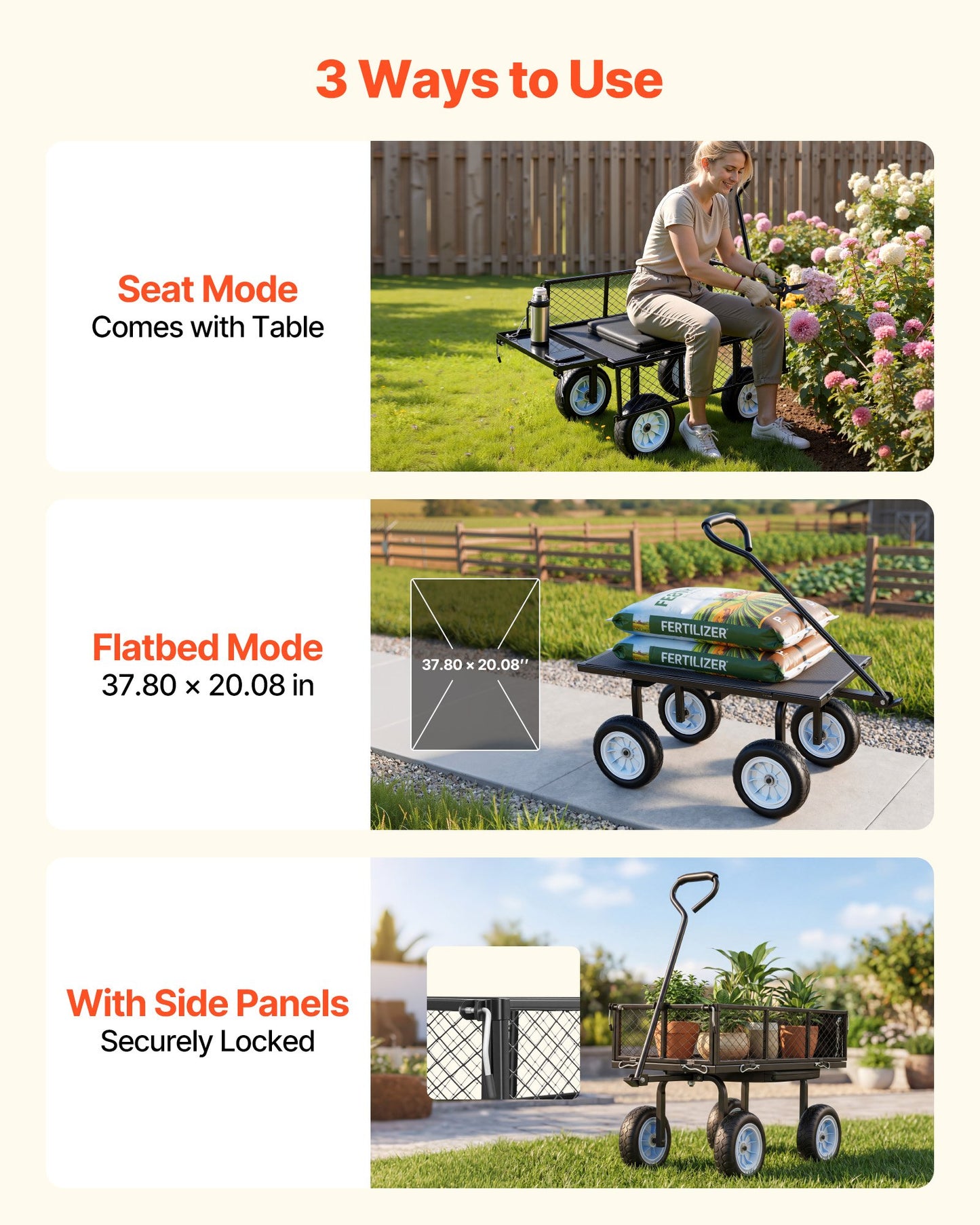 Heavy Duty Garden Cart with Seat & Tool Tray - 500 LBS Load Capacity, Rolling Steel Yard Wagon