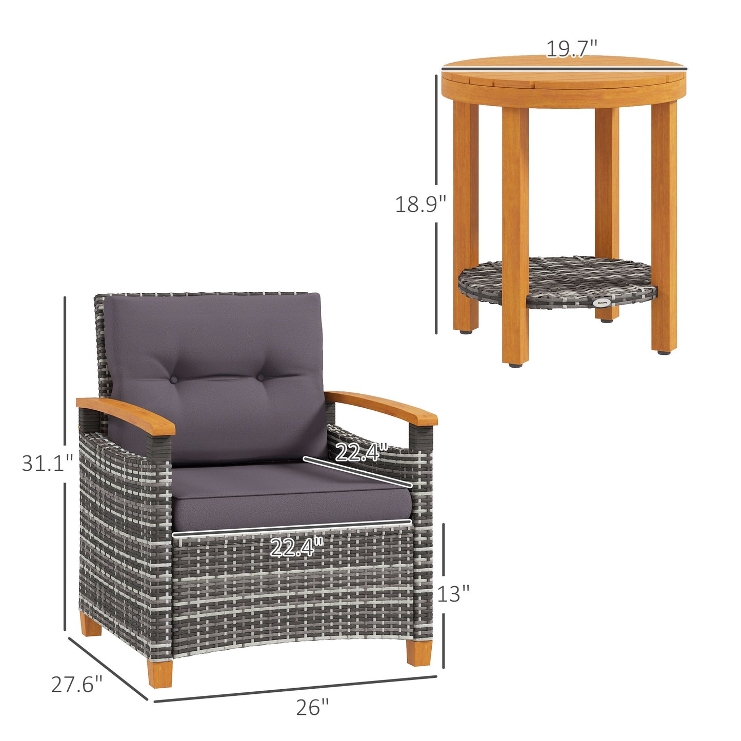 Outdoor Bistro Set with Cushions - Gray Wicker Patio Furniture