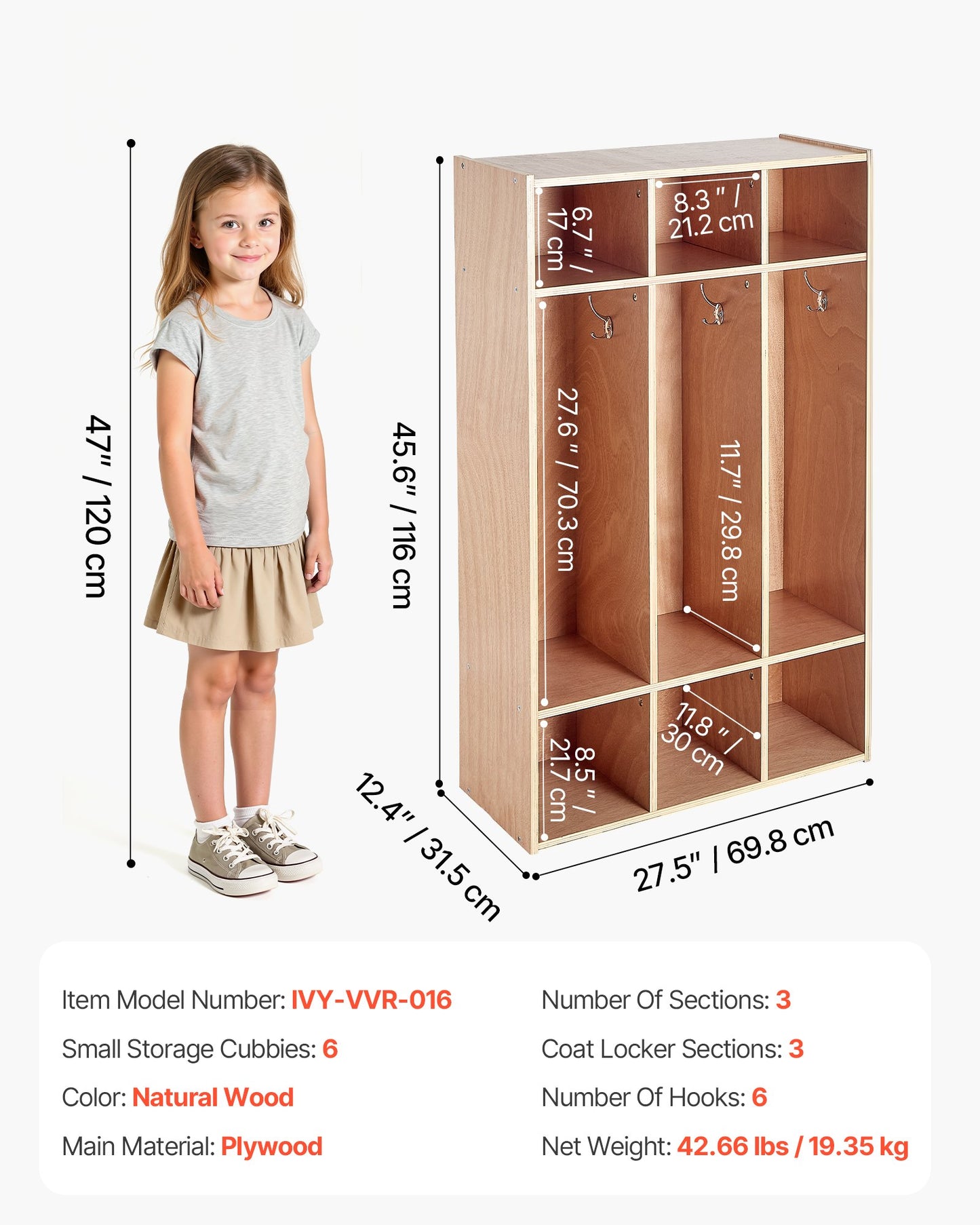 Kids Wooden Coat Locker with 6 Hooks & Storage Cubbies - Toddler Organizer