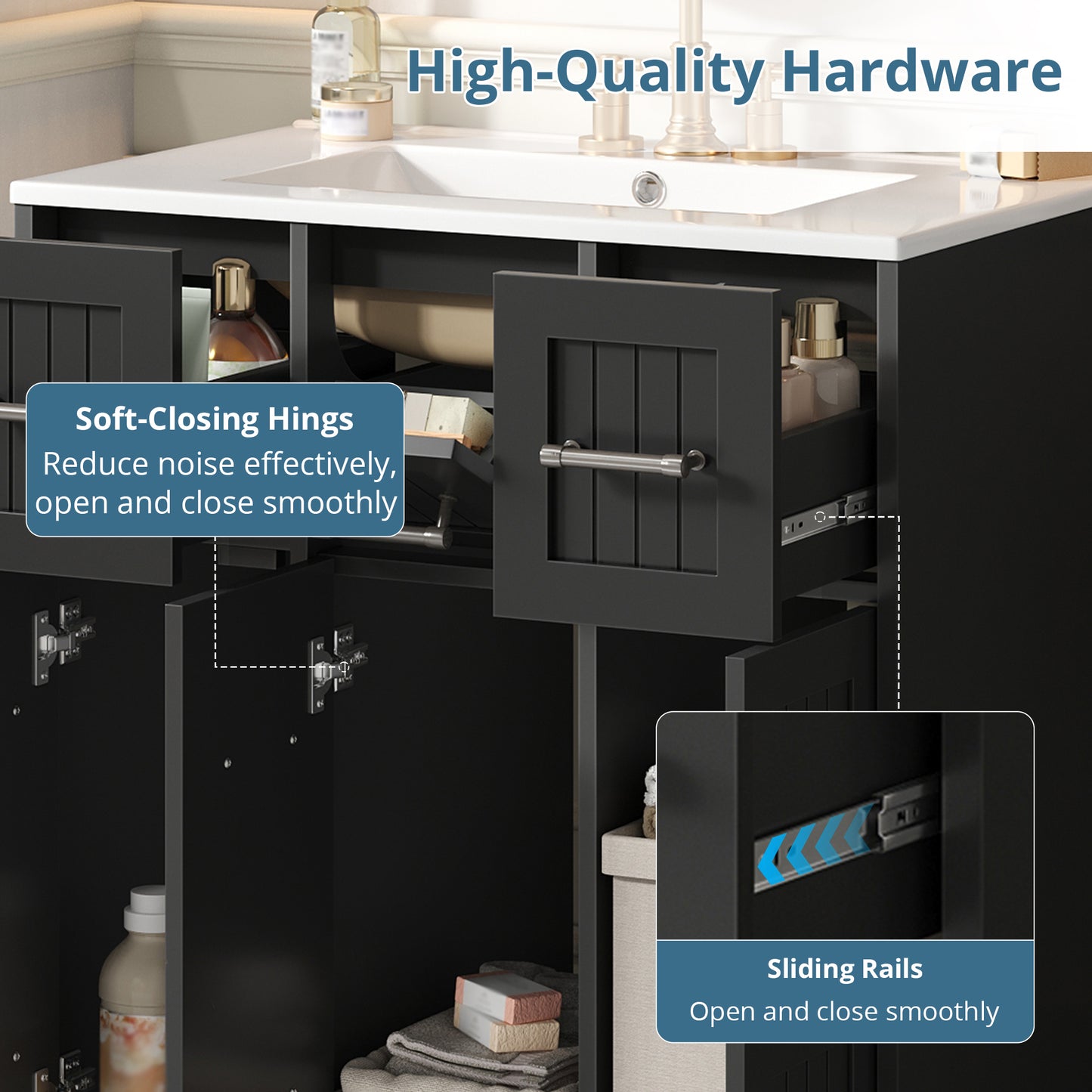 30-Inch Black Bathroom Vanity with Undermount Sink & Drawers