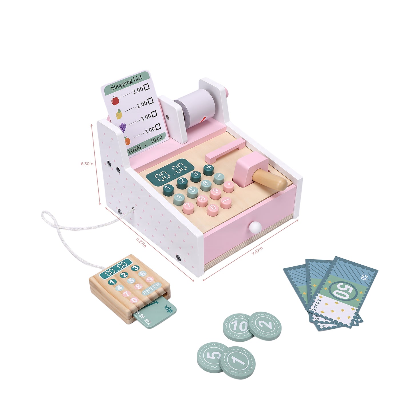Wooden Toy Cash Register With Scanner Math Learning Role Play Cashier