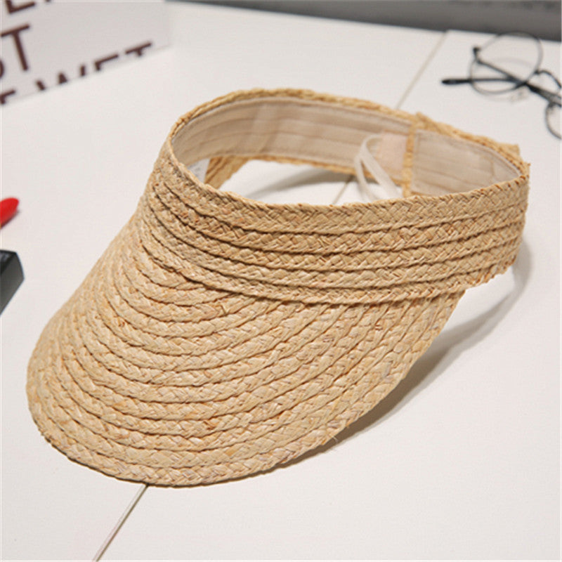 Ladies Summer Woven Raffia Straw Sun Visor Hat - Adjustable Wide Brim
