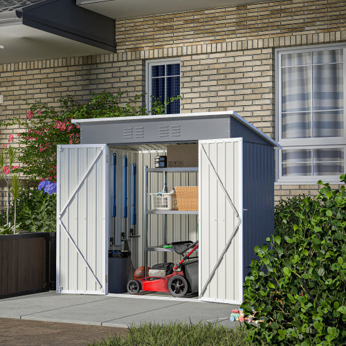 6x4 Outdoor Metal Garden Tool Storage Shed with Lockable Door and Floor Frame - Gray