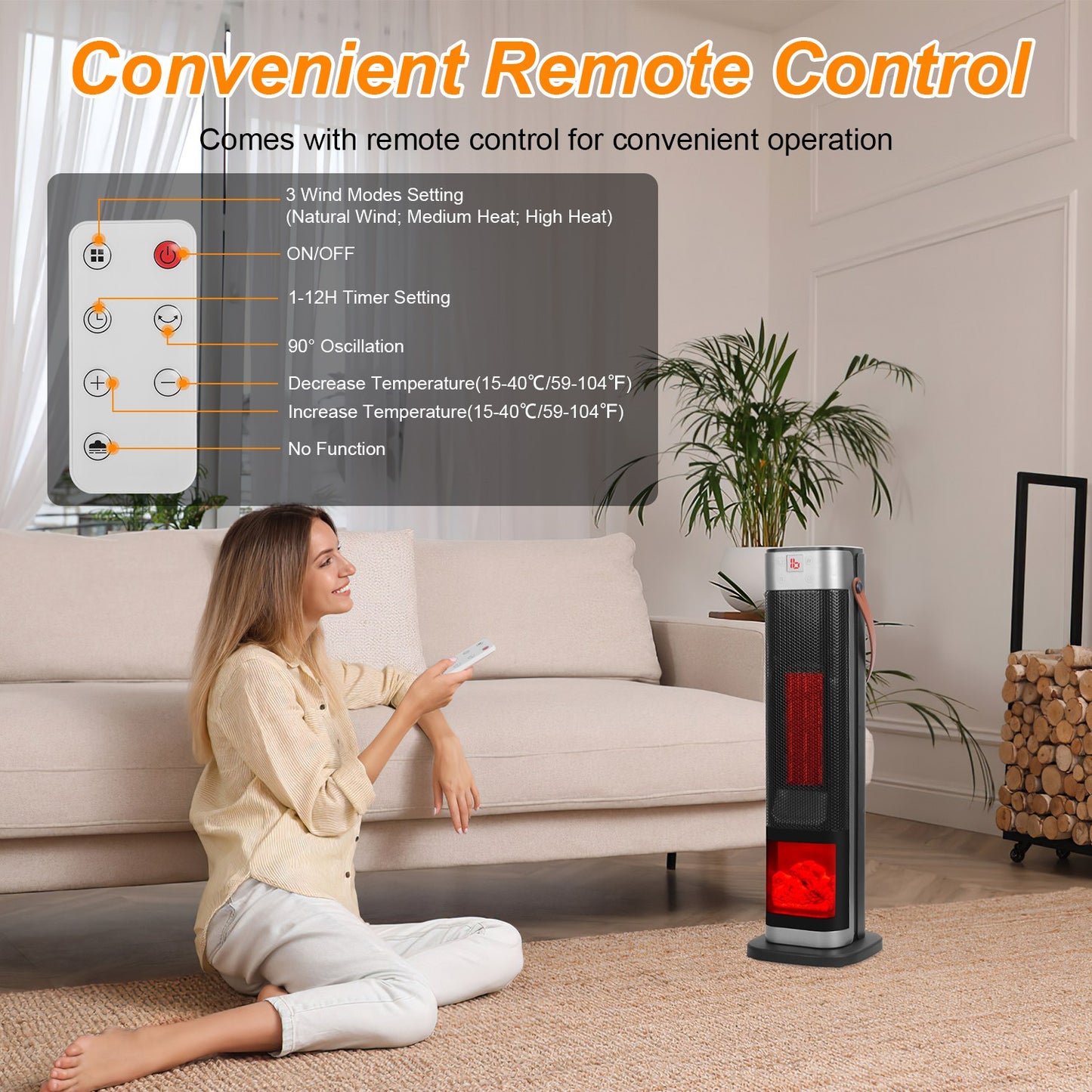 1500W Oscillating Space Heater with 3D Flame Effect, Remote, Timer, Black