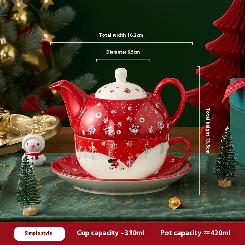 Gift Box Tea Set with Ceramic Teapot & Cups - Gold Plated Snowflake Design, Christmas Gift