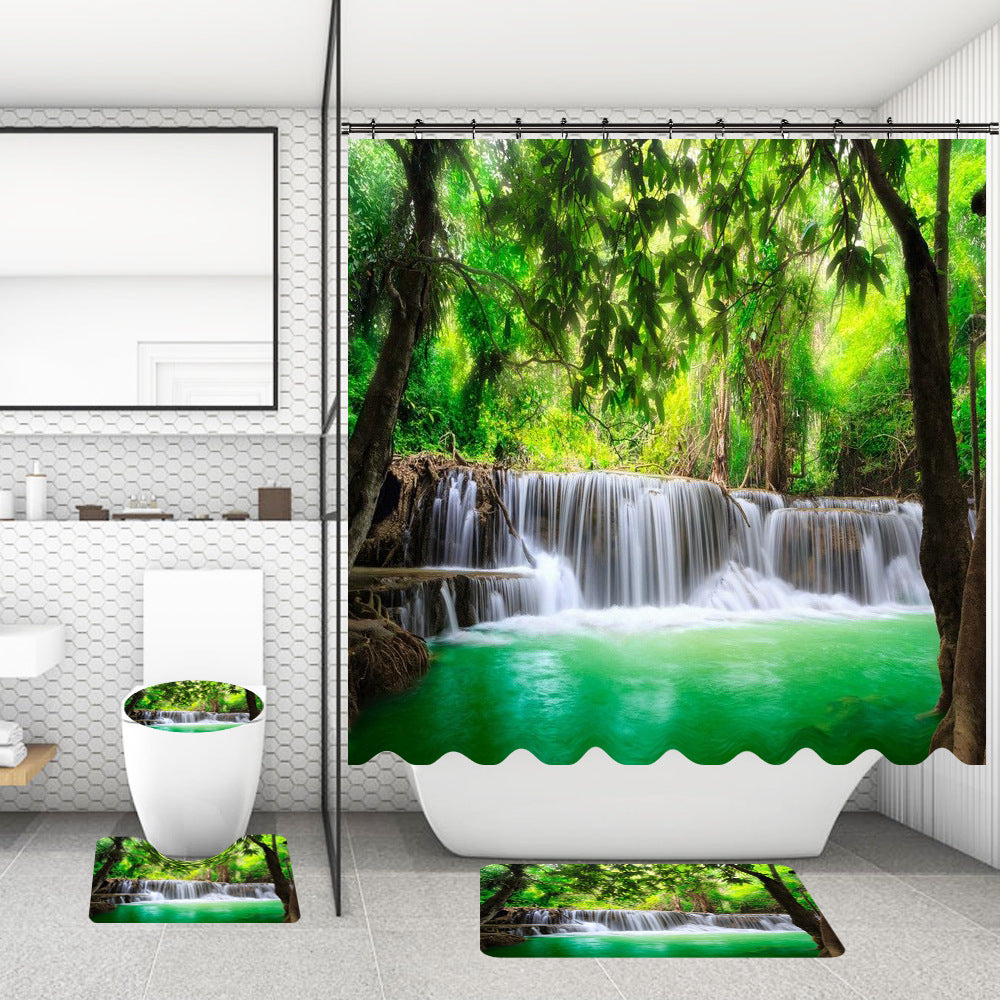 Bathroom Shower Curtain and Floor Mat Set Ocean World Printing - 4 Piece