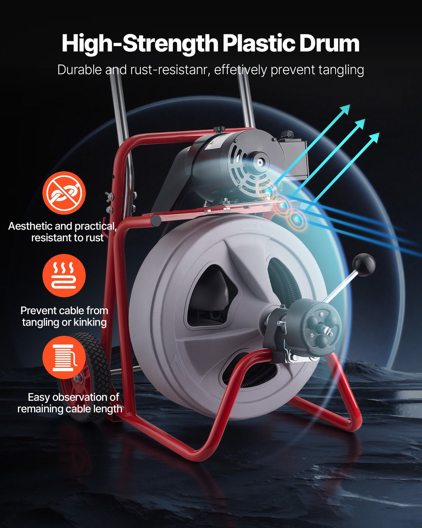 Portable Drain Cleaner Machine 100 FT x 1/2 Inch Sewer Snake with Auto Feed & 8 Cutters