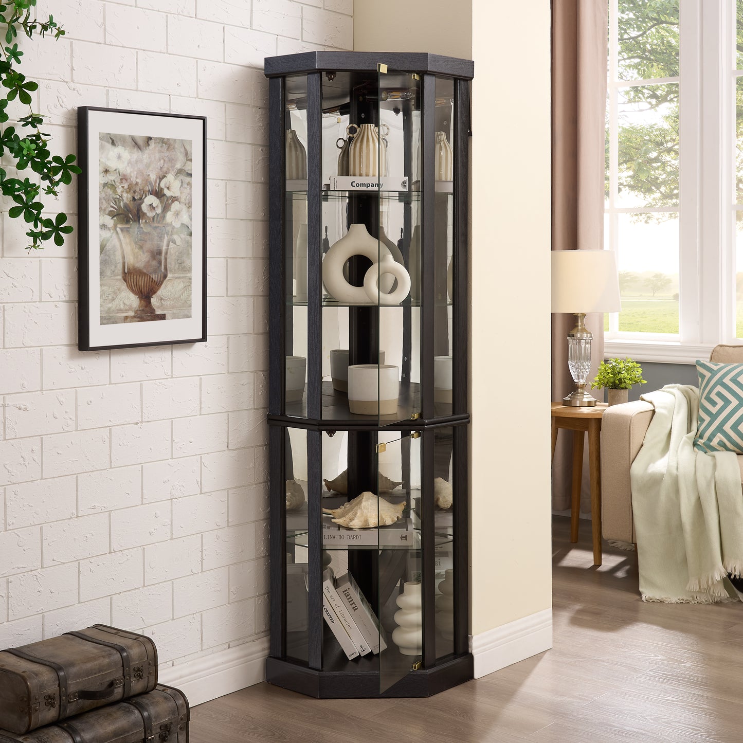 Lighted Corner Curio Cabinet - Elegant Glass Display Case For Living