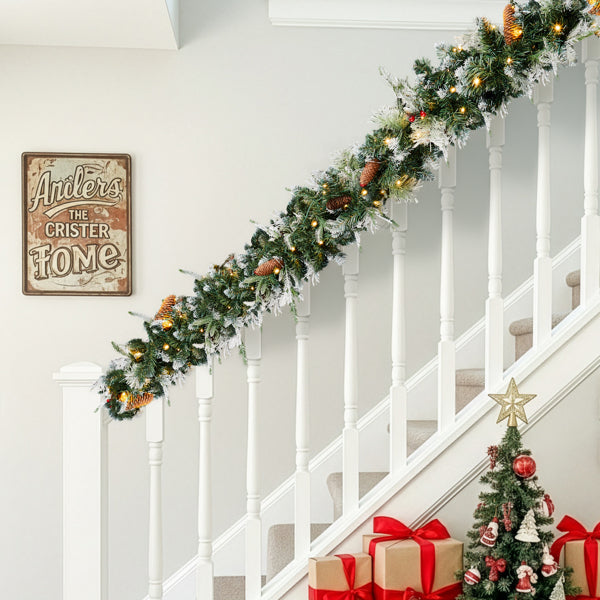 9FT Pre-Lit Snow Flocked Christmas Garland - 2 Pack with Warm White Lights & Red Berries