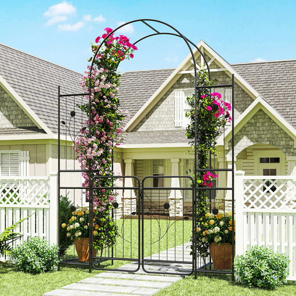 87 Inch Tall Garden Arch with Gate & Planter Shelves - Black