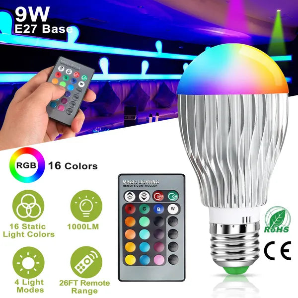 9W RGB LED Light Bulb with E27 Base and Remote Control - 16 Colors, Dimmable