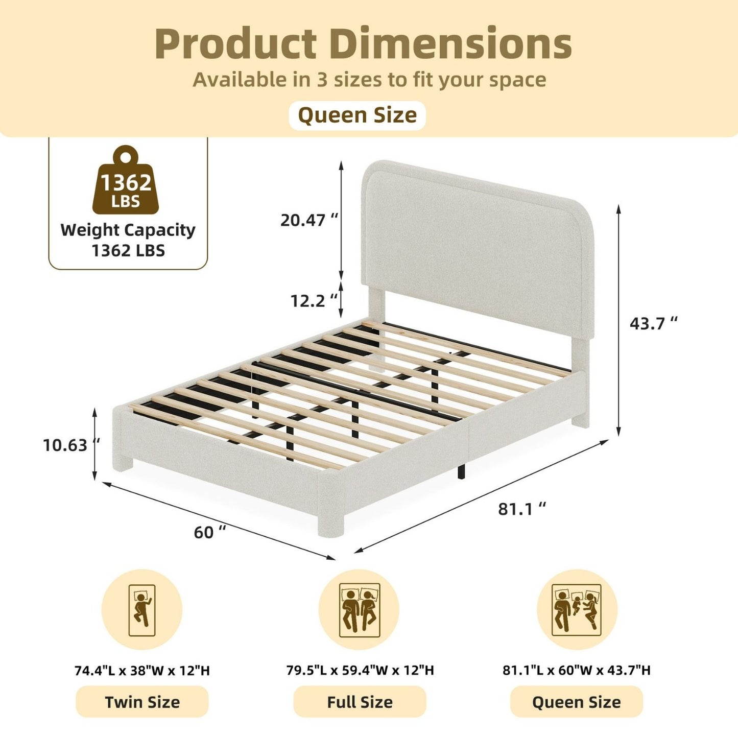 Modern Boucle Bed Frame with Soft Rounded Headboard - Platform Design