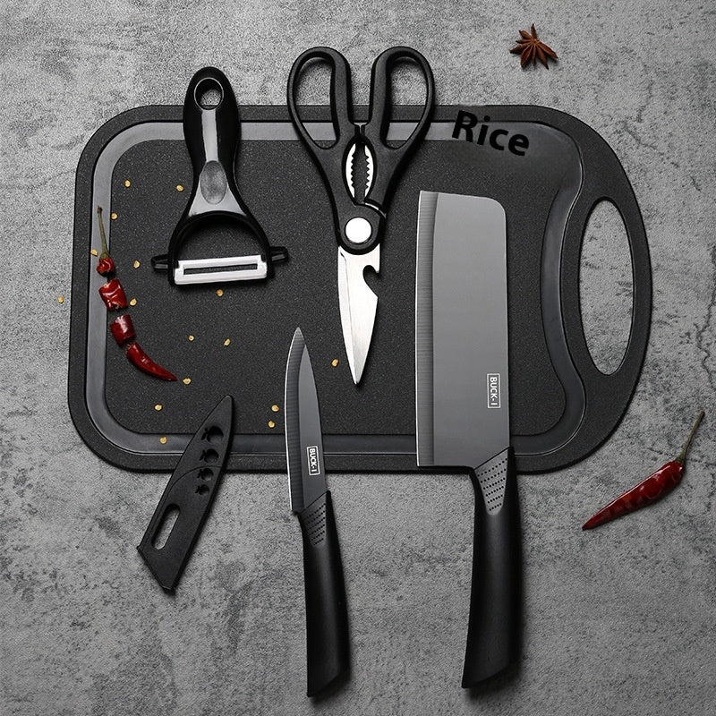 Kitchen Knife Set with Cutting Board - Black Steel Chef & Utility Knives