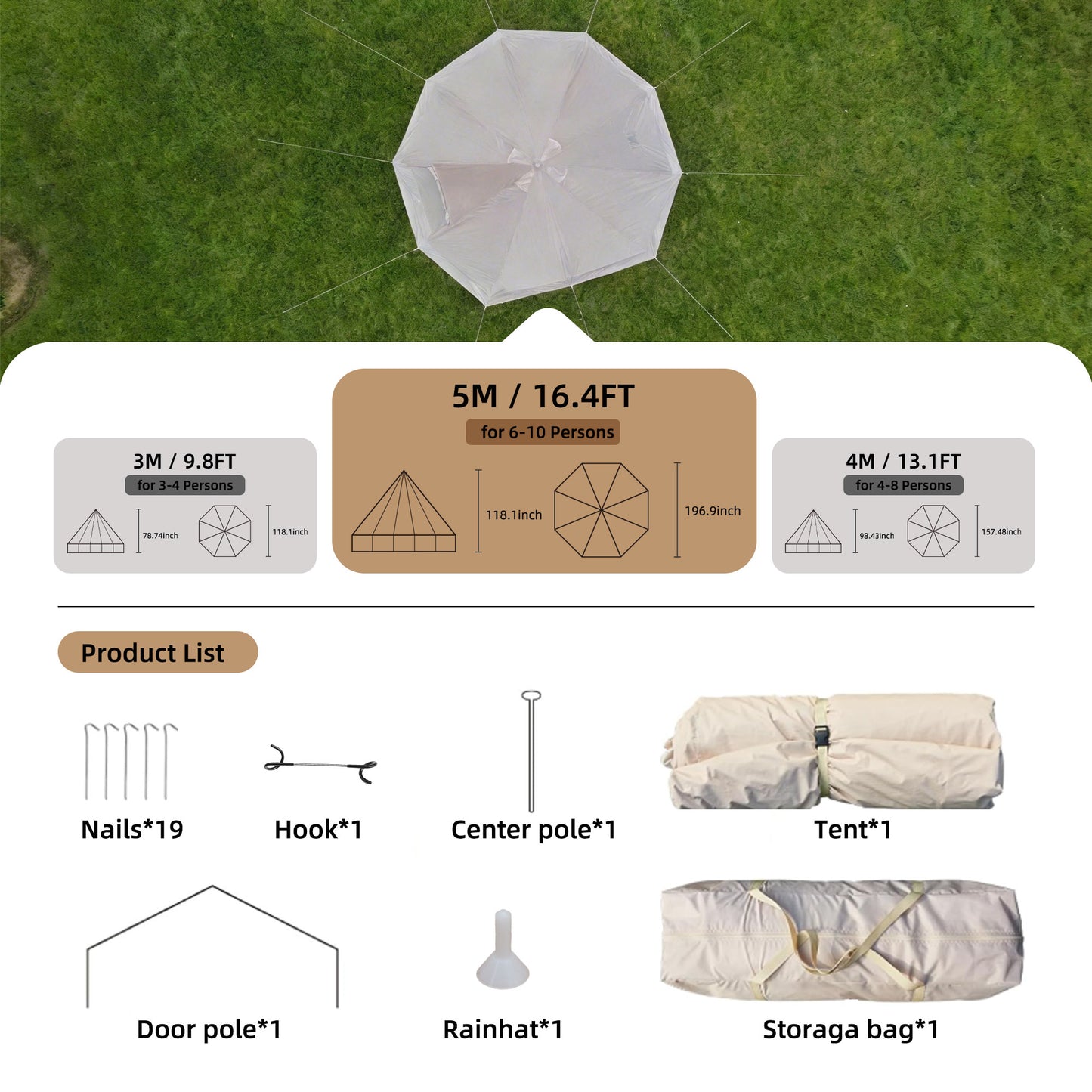 16.4FT Green Waterproof Bell Tent with Stove Jack - 10 Person Glamping Yurt