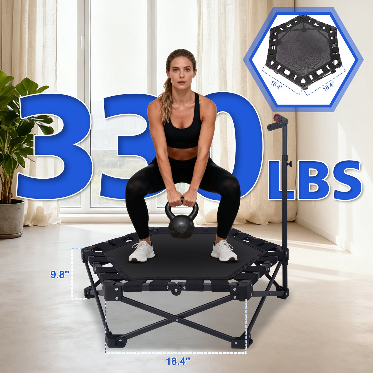 42" Foldable Mini Trampoline - Adjustable T-Bar, 330lbs Capacity, Black
