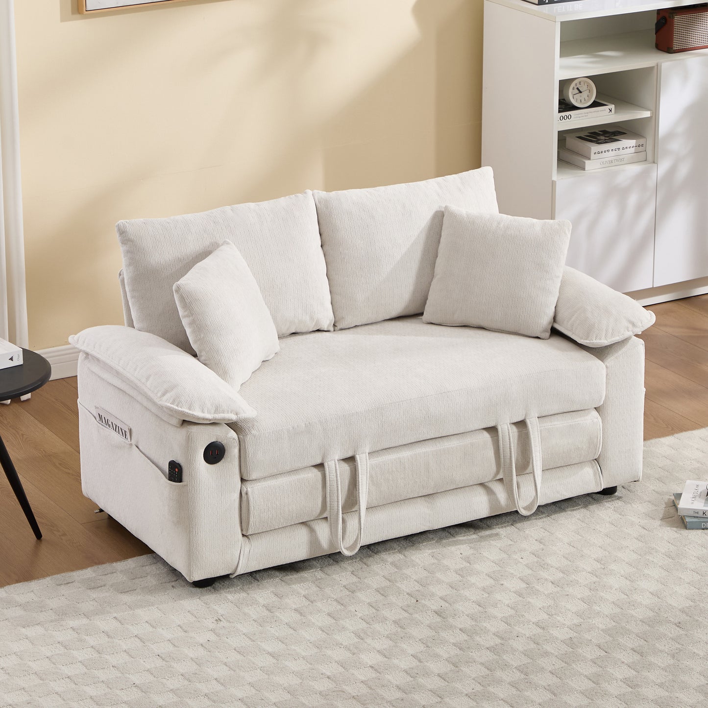 58 Inch Convertible Futon Sofa Bed with Side Pockets - Cream White