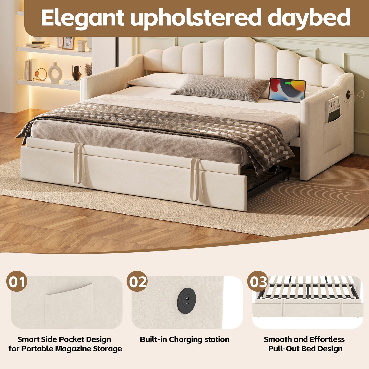 Upholstered Twin Size Daybed With Adjustable Height Pop Up Trundle