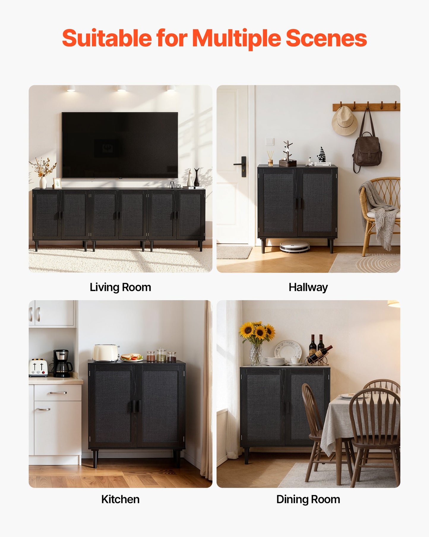 Black Rattan Storage Cabinet with Magnetic Doors & Adjustable Shelves