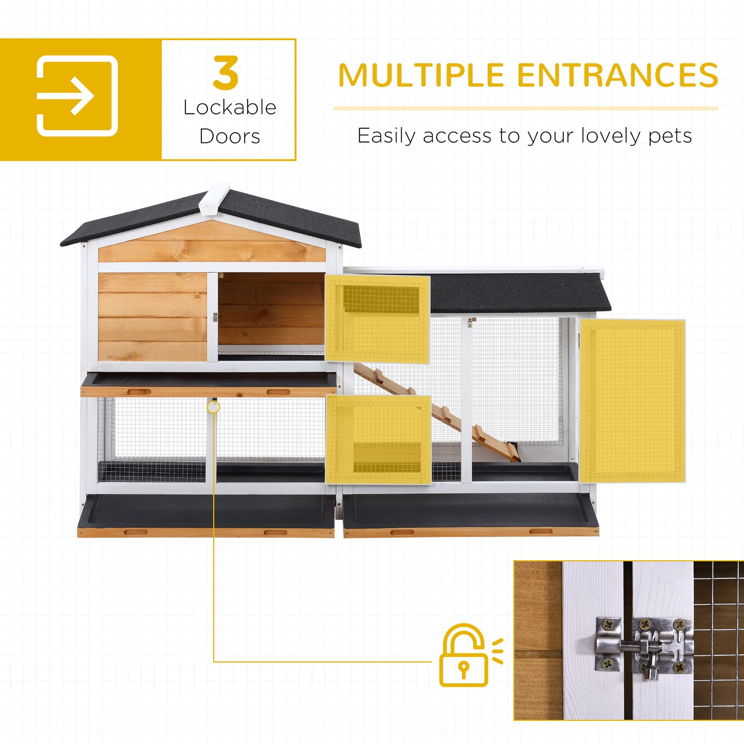 62-Inch Wooden Rabbit Hutch with Run Area, Removable Tray, Lockable Doors