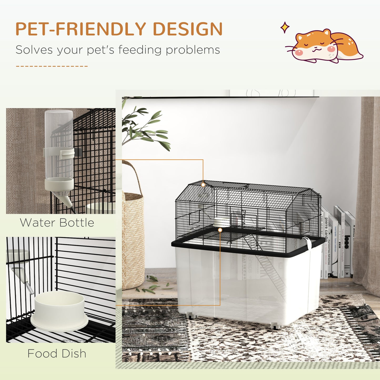 22-Inch Small Animal Hamster Cage with Deep Base, Ramp & Wheels, Black