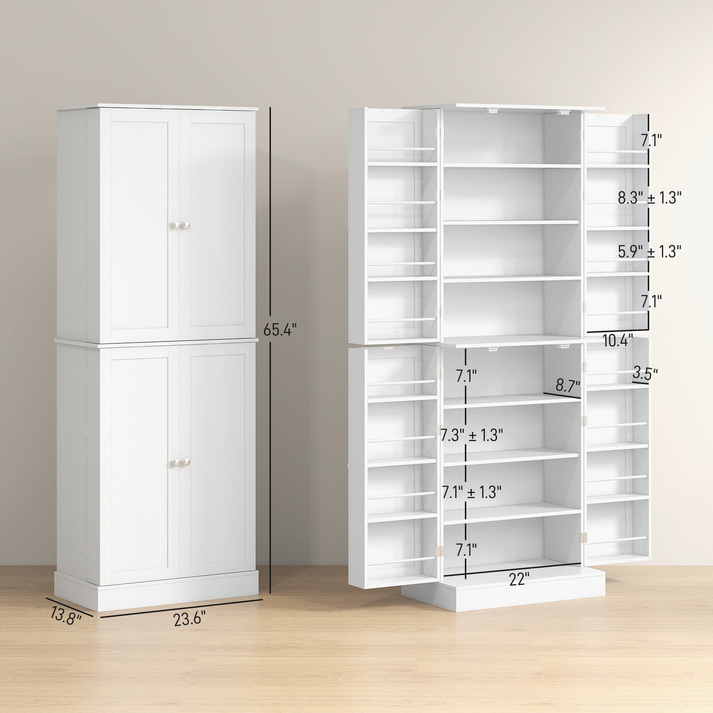 65" Kitchen Pantry Cabinet with 4 Doors and 16 Shelves - White