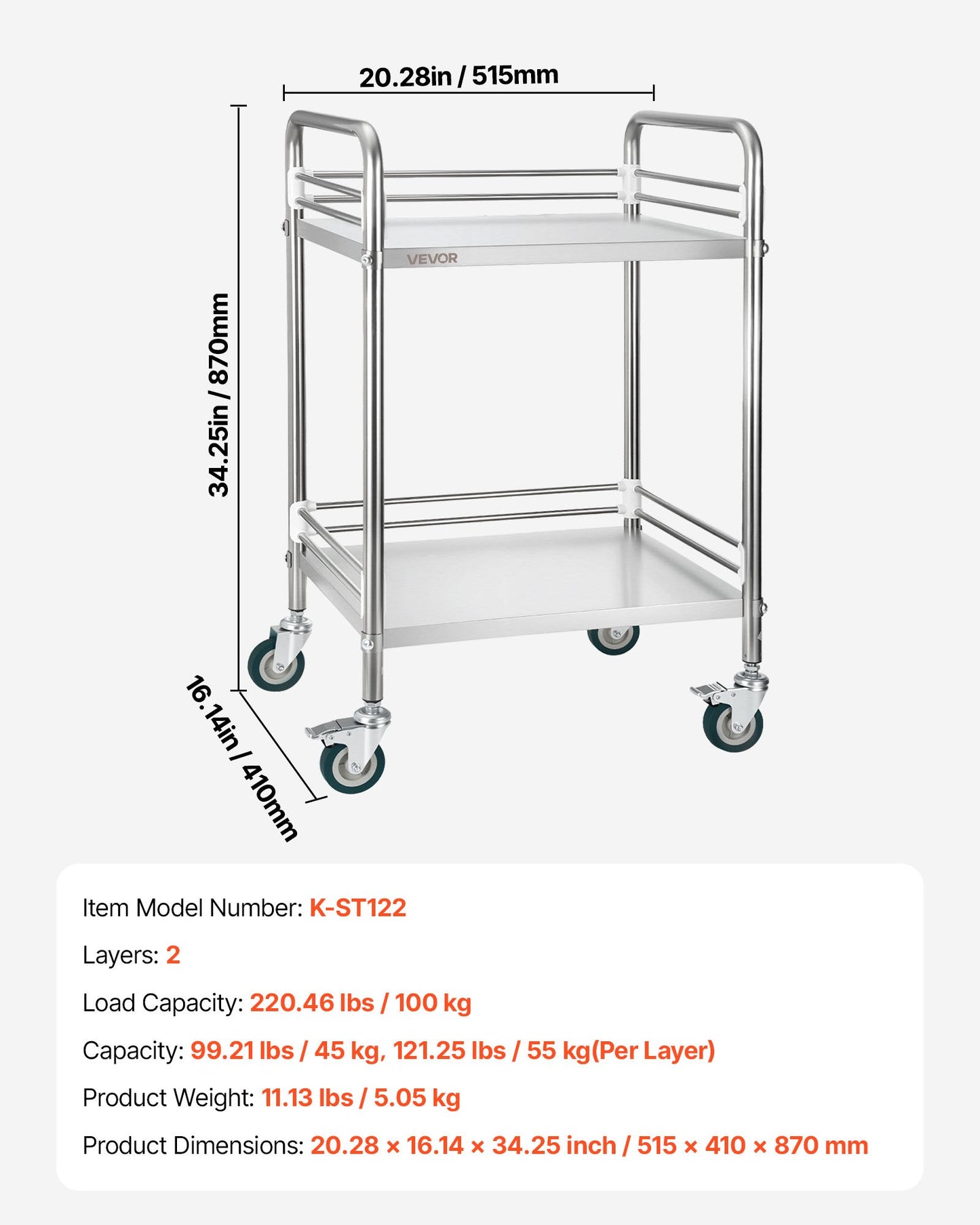Stainless Steel Utility Cart with Lockable Wheels - 2-Tier Mobile Service Trolley for Hospital, Restaurant, Kitchen, Salon