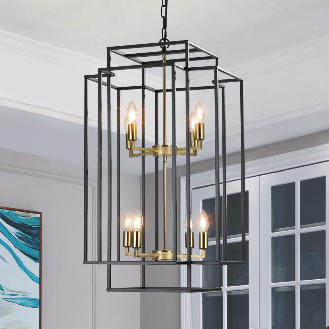Modern 8-Light Black Gold Geometric Pendant Chandelier