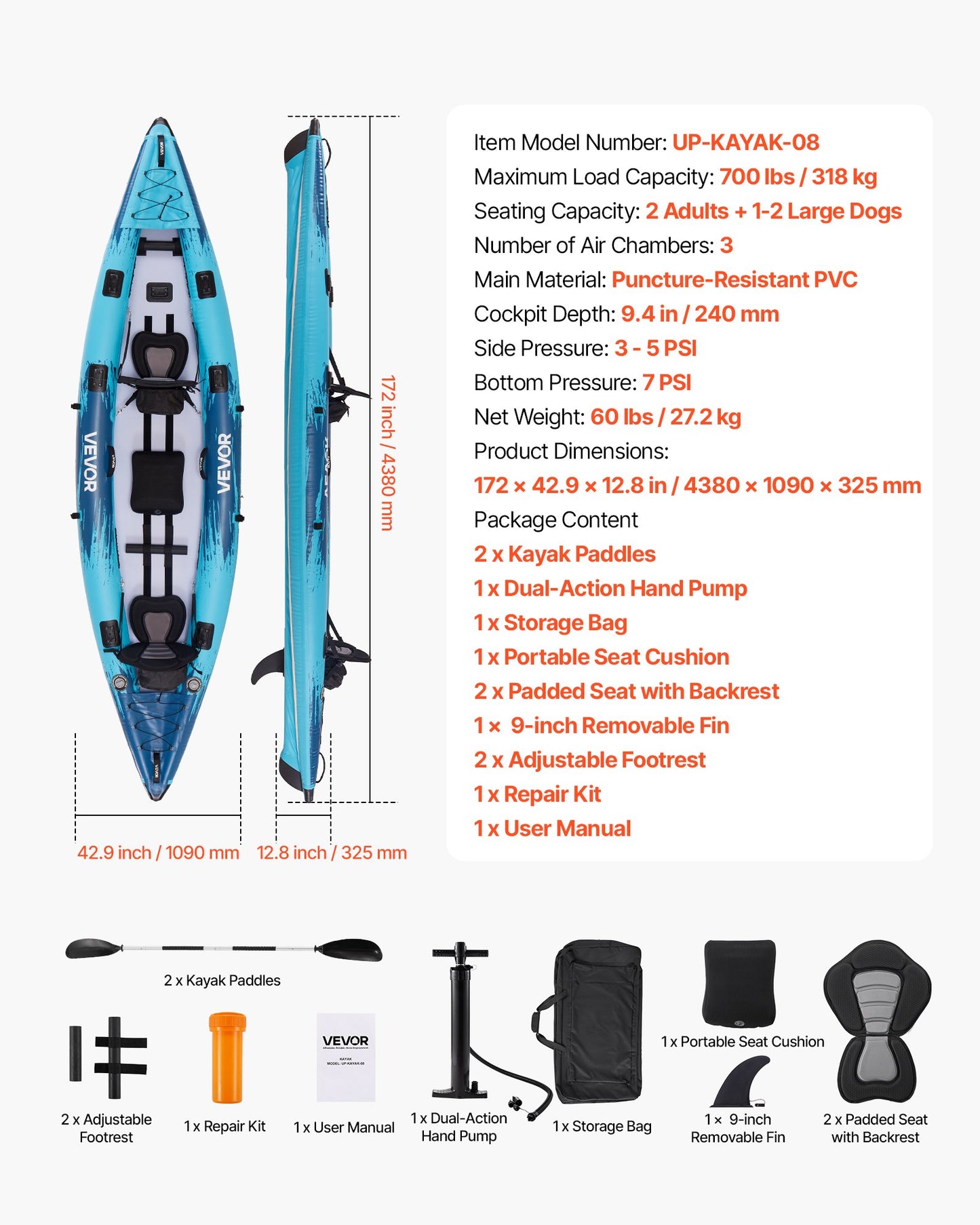Inflatable Kayak for 2 Persons - 700LBS Capacity, Puncture-Resistant with Paddles and Pump