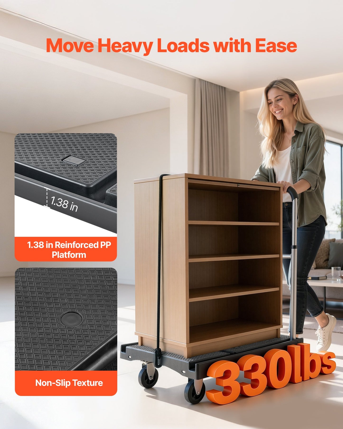Foldable Moving Dolly Cart 330 Lb Capacity with Swivel Wheels & Adjustable Handle