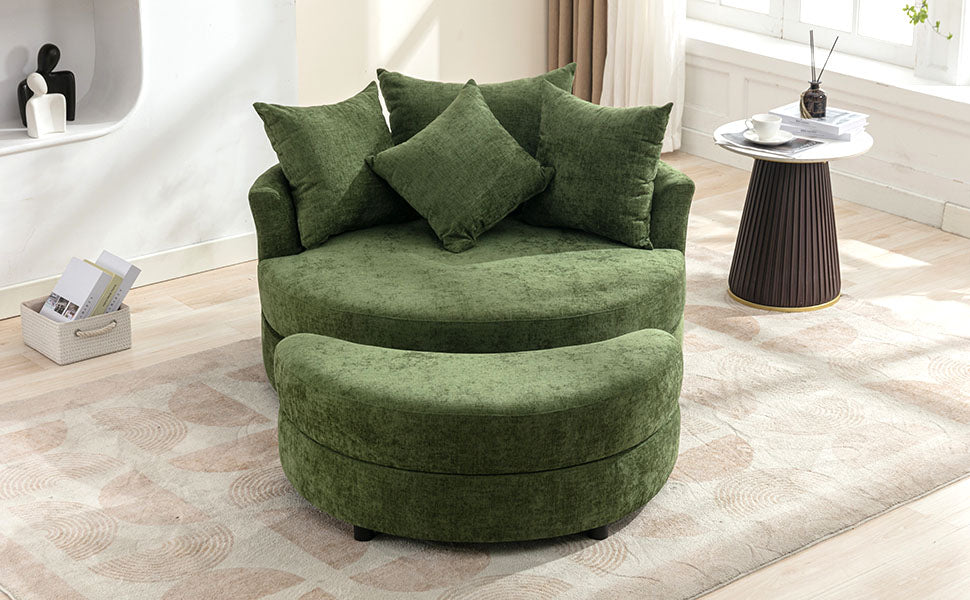 360° Swivel Accent Barrel Chair with Storage Ottoman & 4 Pillows - Green