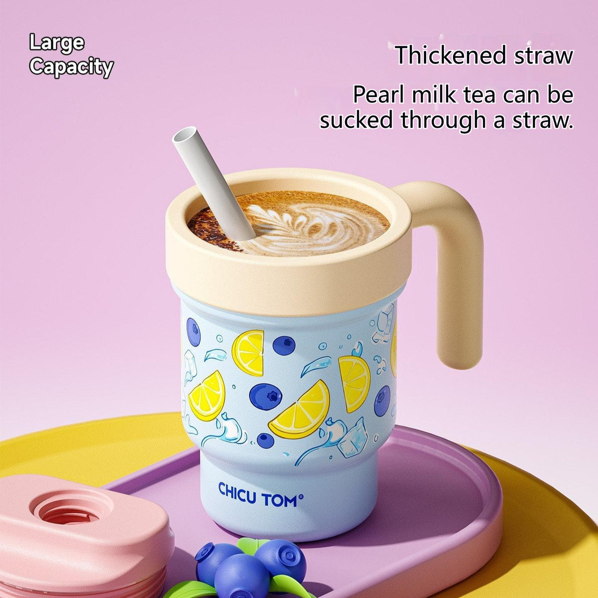 Insulated Ceramic & Stainless Steel Straw Cup with Handle - 610ML, Color Options