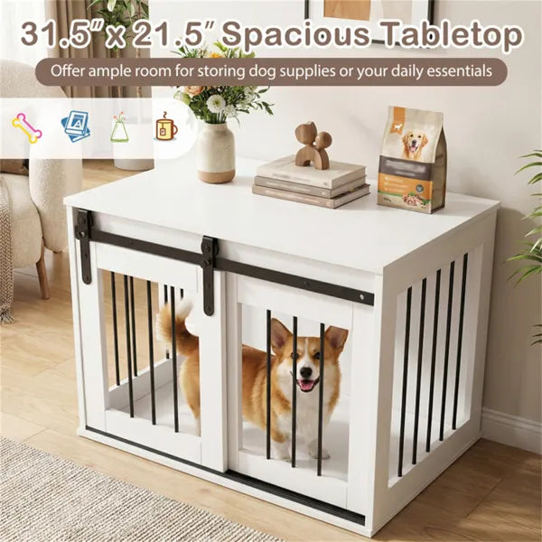 Dog Crate Furniture with Sliding Barn Door - 31.5 Inch Wooden Indoor Kennel & End Table - White