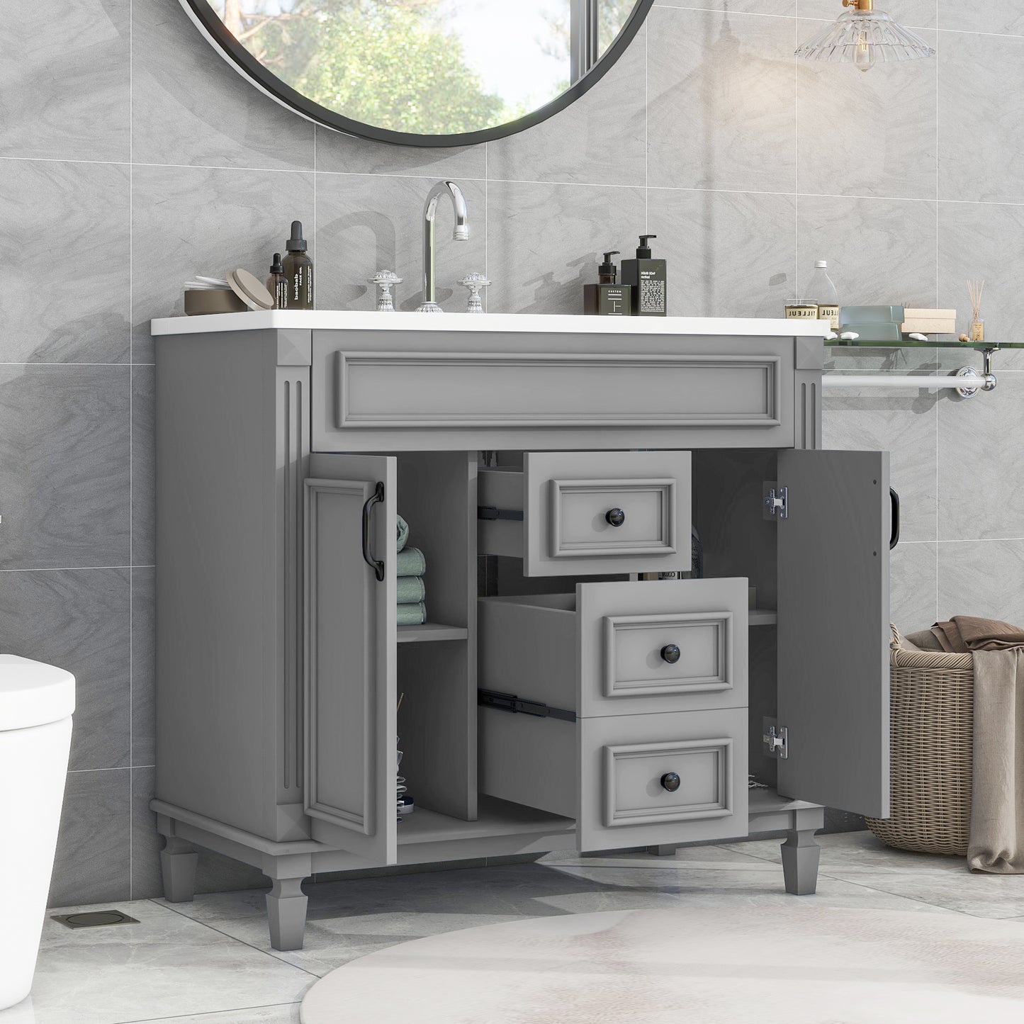 36-Inch Modern Bathroom Vanity with Top Sink - Grey