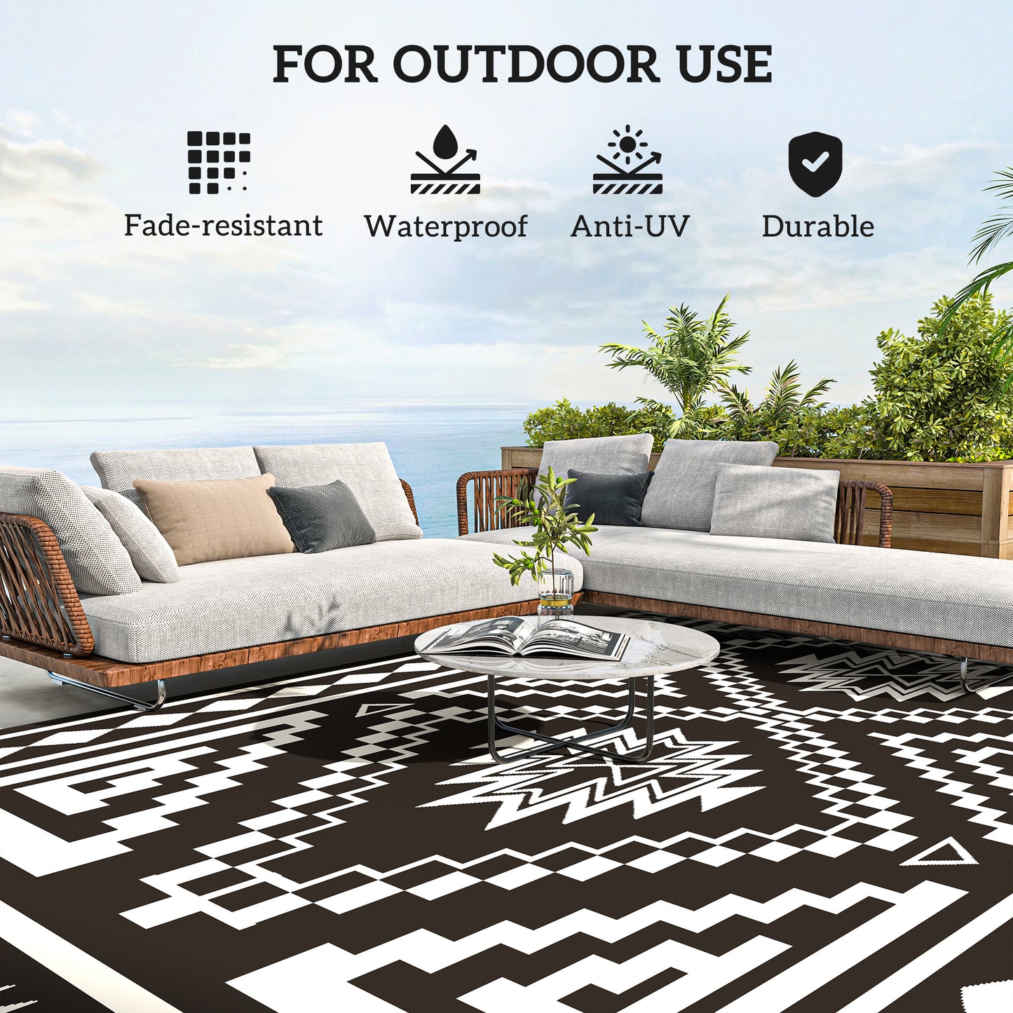 Reversible Waterproof Outdoor Rug - Black & White Patchwork, 9x18