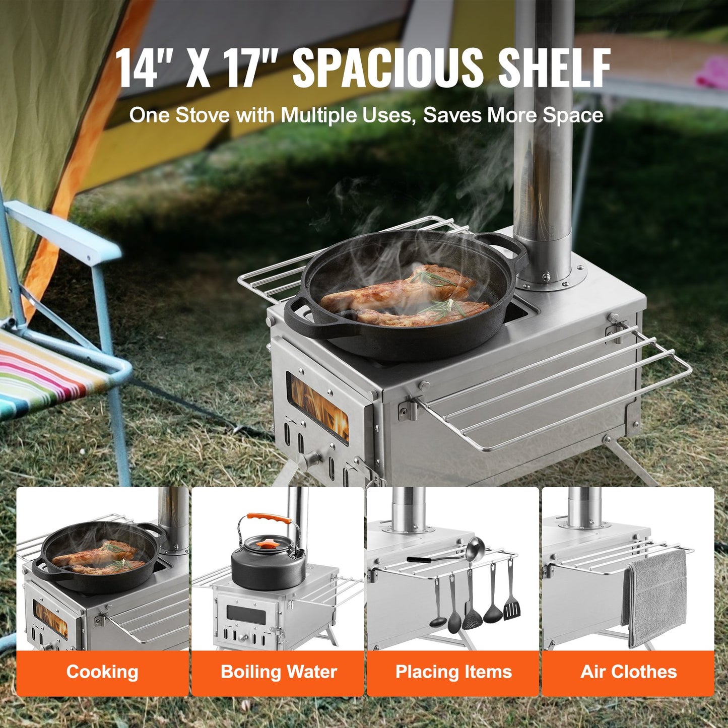 Portable Wood Burning Stove 80 Inch Stainless Steel Camping Tent Heater