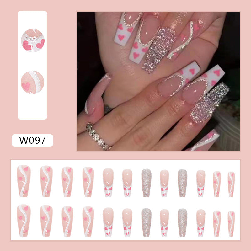Fake Nail Set with Shine Love Pattern and Glue - Long French Style