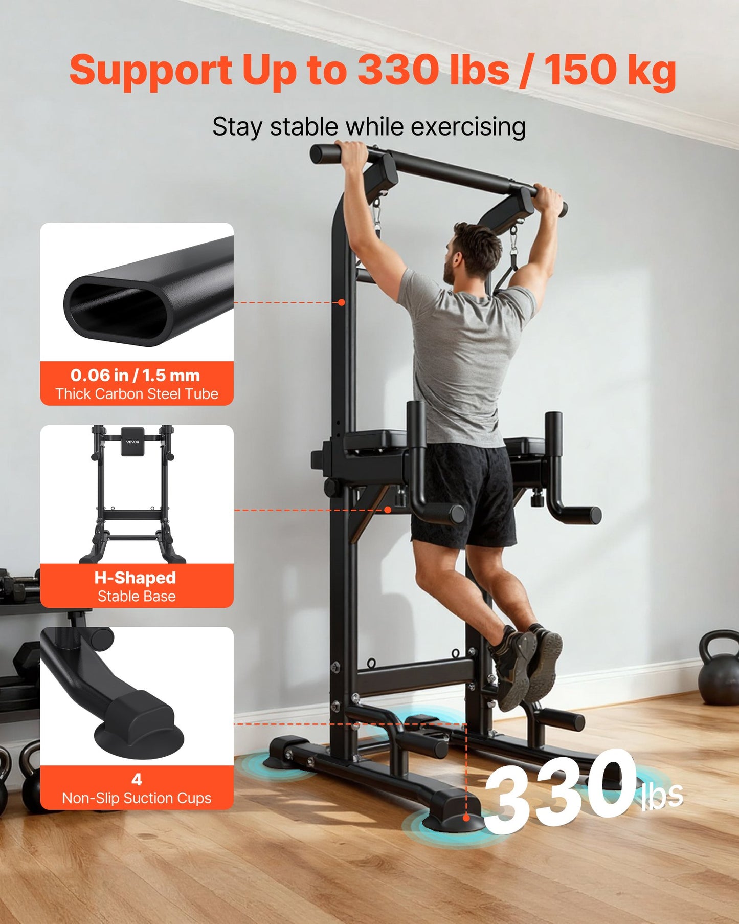 Adjustable Pull Up Bar Power Tower for Home Gym - Supports 330 LBS with Back Pad