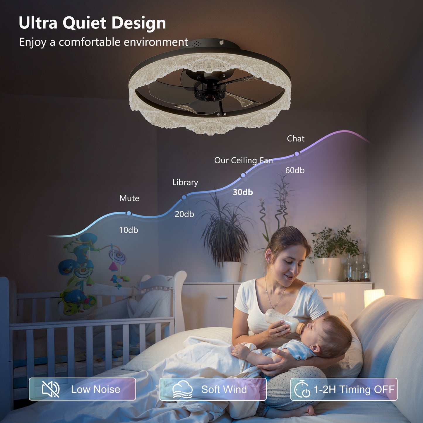 Modern LED Ceiling Fan Light with Crystal Acrylic Ring - Black