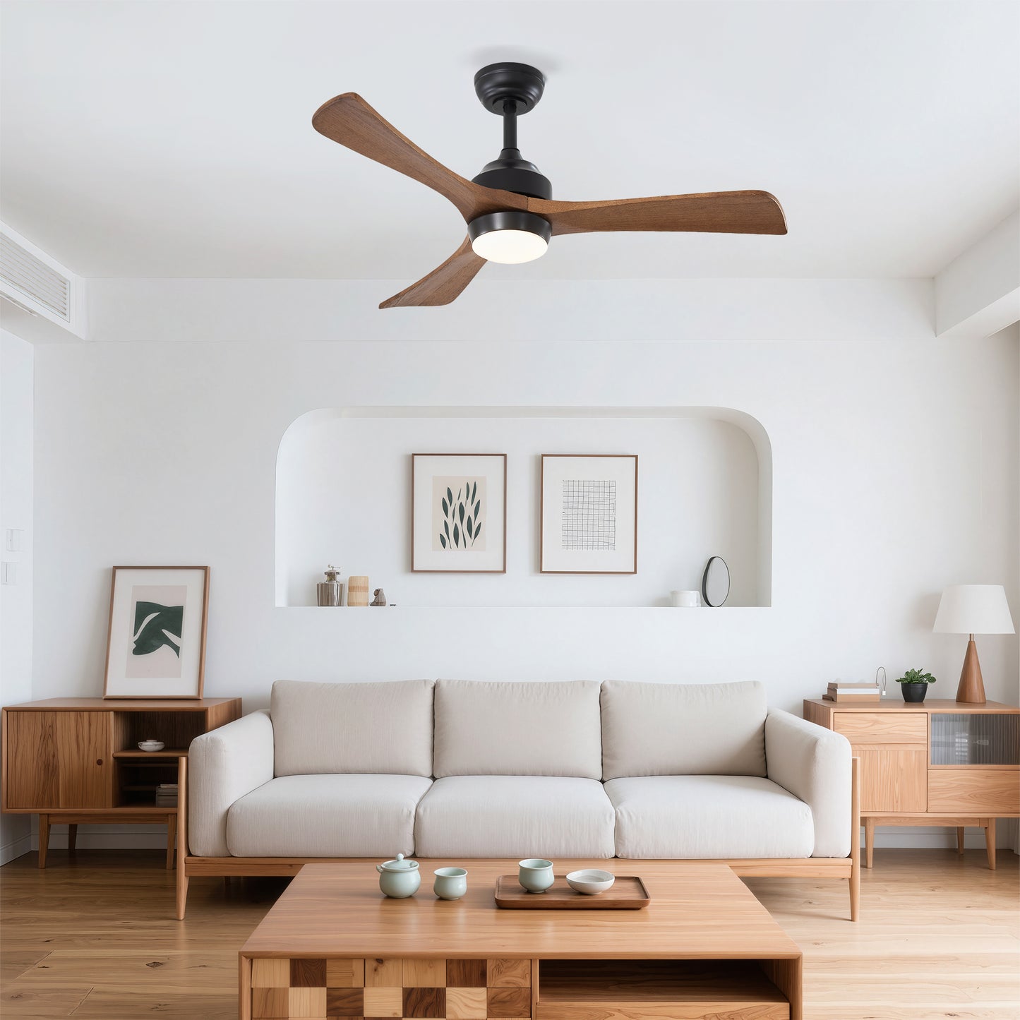42" Matte Black Wood Blade Ceiling Fan with Remote Control & Lights