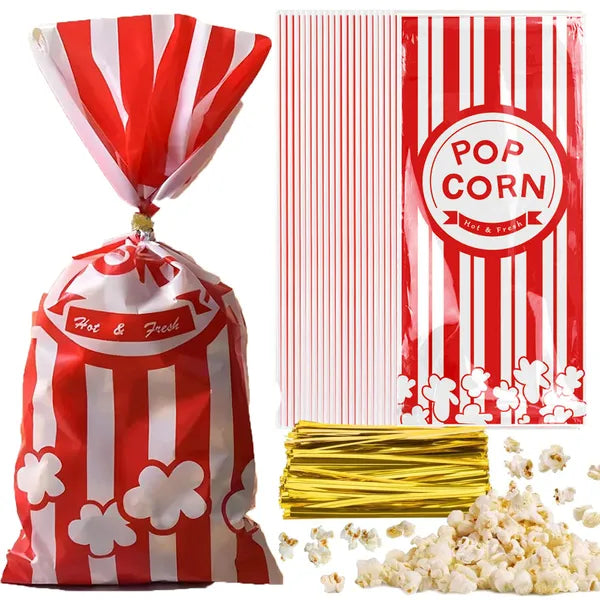 300 Pack Red and White Stripe Popcorn Bags with Twist Ties