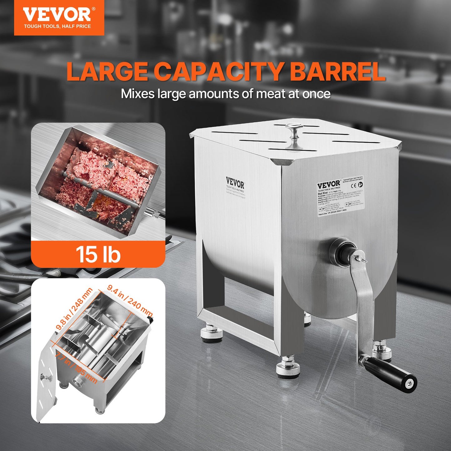 15L Manual Meat Mixer with Fixed Tank - Ideal for Sausage Making