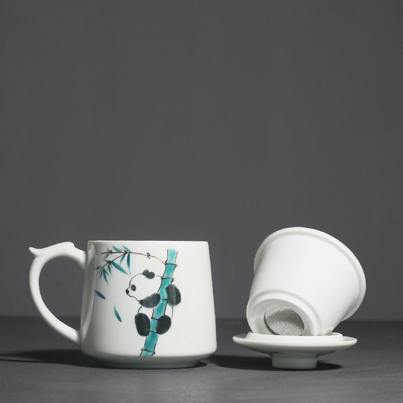 Hand Painted Panda Water Cup Ceramic Tea Set with Cover and Gift Box - Cute Animal Drinking Mug
