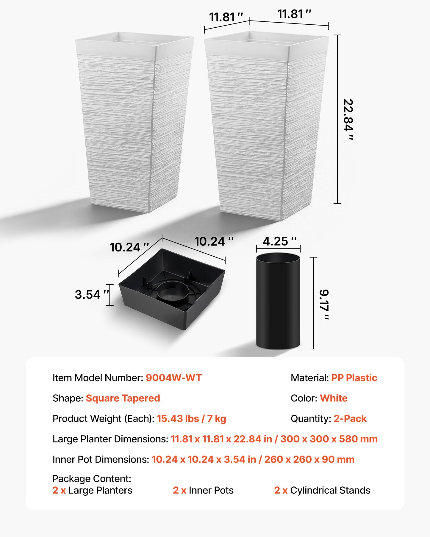 Tall Outdoor Planters Set of 2, 23 Inch Modern Taper Flower Pots with Casters, Drainage Holes, White or Black
