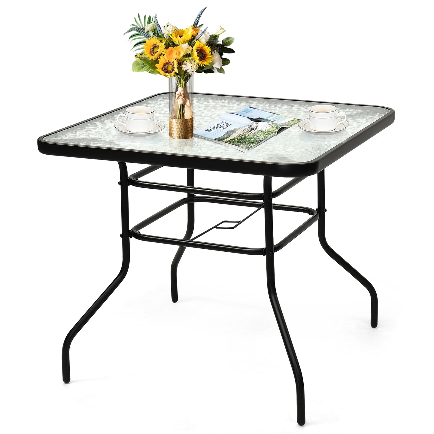 32-Inch Black Steel Square Patio Table with Tempered Glass Top