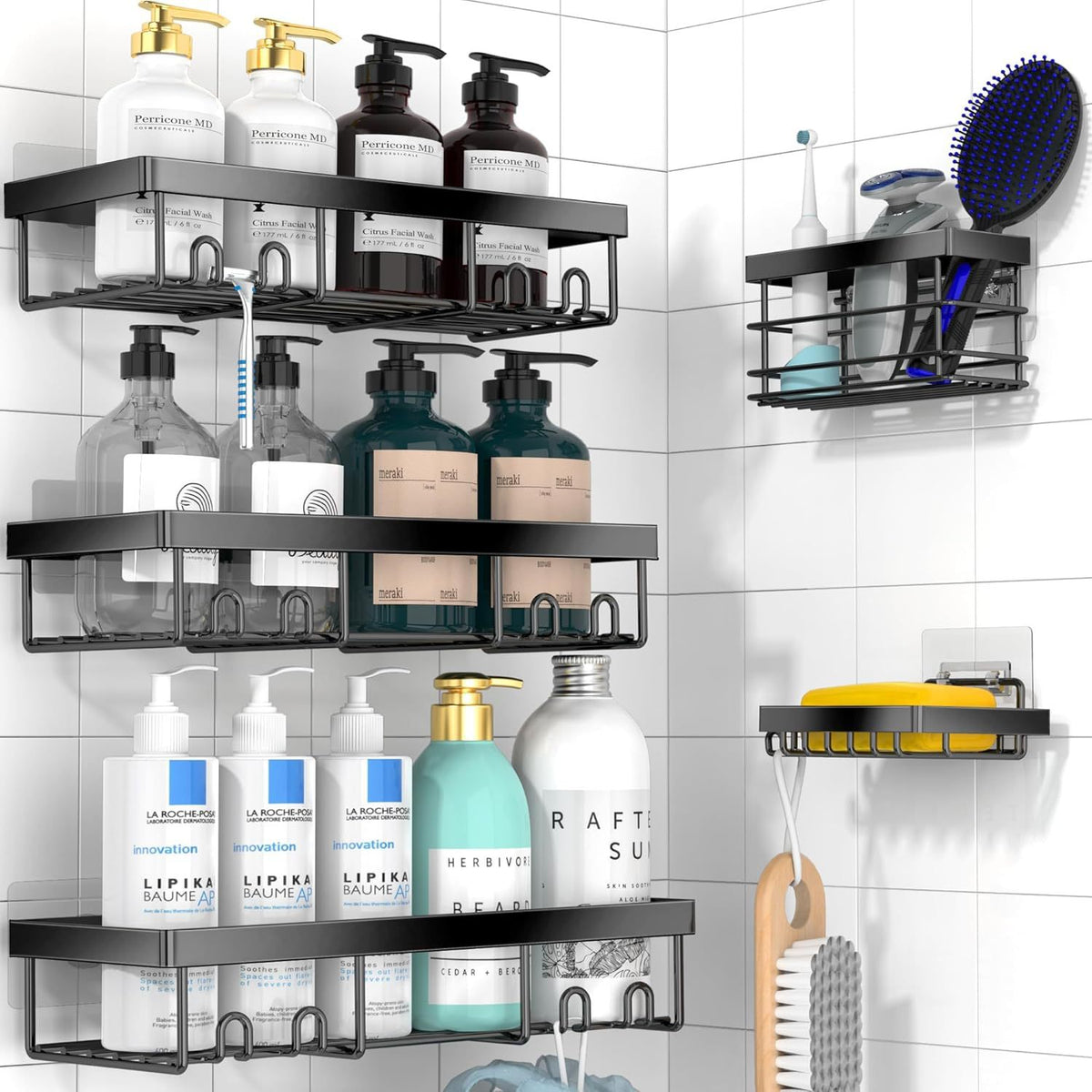 Punch-Free Wall Hanging Bathroom Storage Rack Set - Modern 5-Piece Black